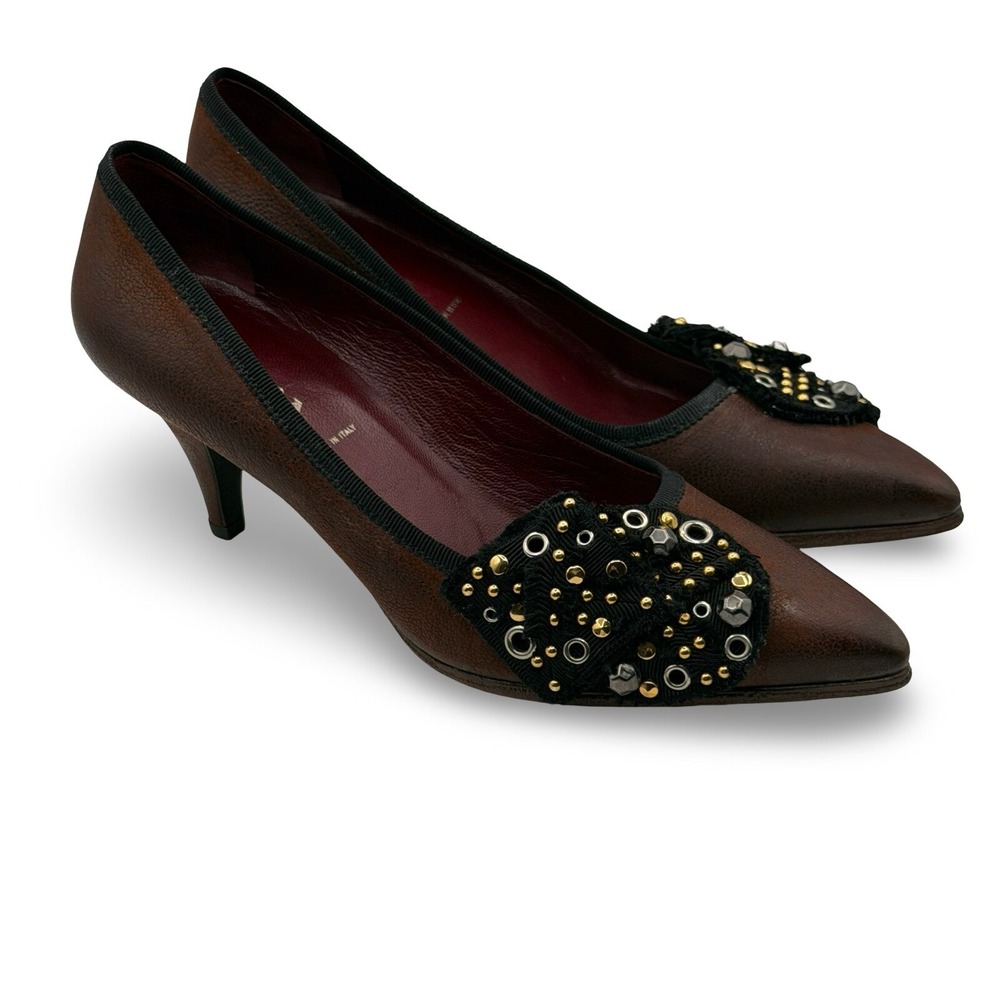 Vintage Prada Brown Leather Kitten Heel Pumps Pointed Studded Toe Italy Sz EU 37